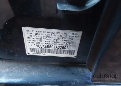 2001 Acura Tl 3.2 из США, поврежденный, VIN 19UUA56601A026070